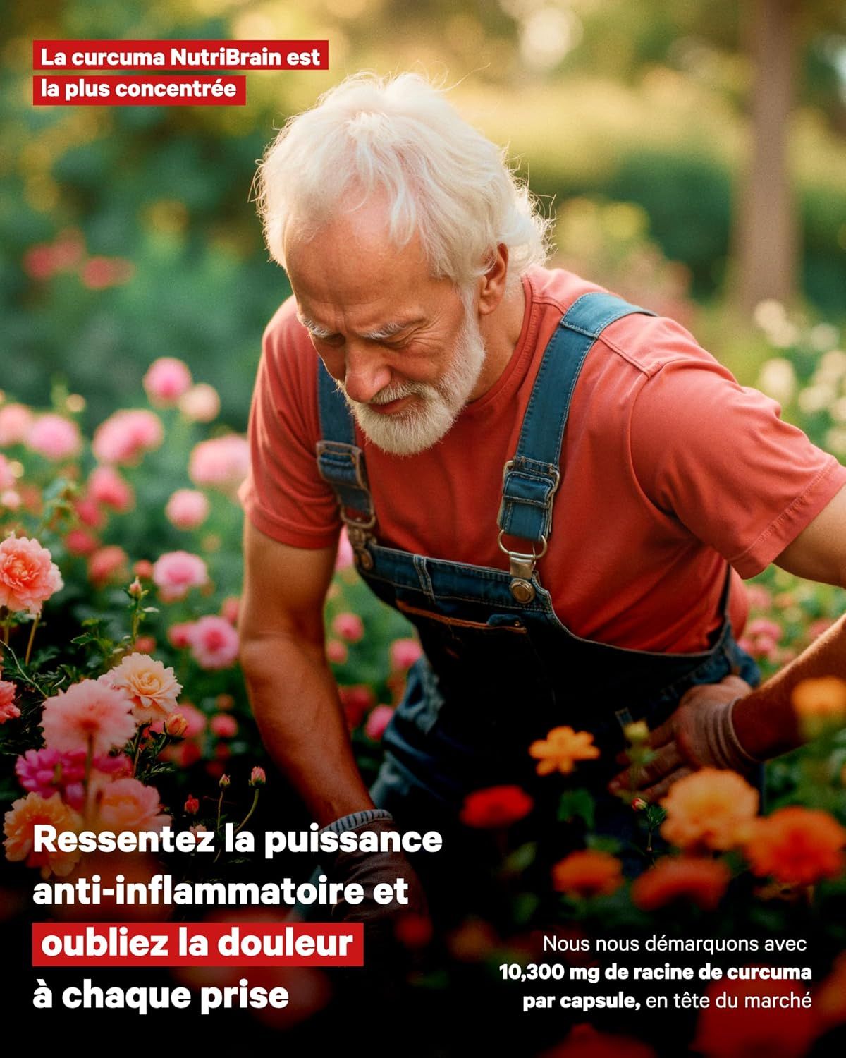 Homme âgé aux cheveux blancs, en salopette, dans un jardin parmi des fleurs.