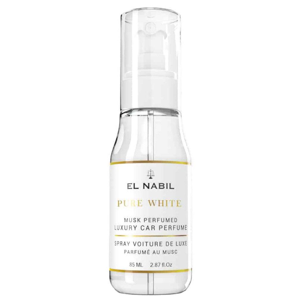 Transparante fles met verstuiver. Opschrift: EL NABIL, PURE WHITE, MUSK PERFUMED LUXURY CAR PERFUME, SPRAY VOITURE DE LUXE, PARFUME AU MUSC.