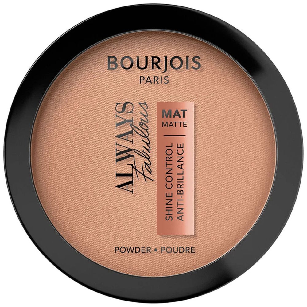 Ronde zwarte poederdoos. Opschriften: Bourjois Paris, Always Fabulous, Mat Matte, Poudre.