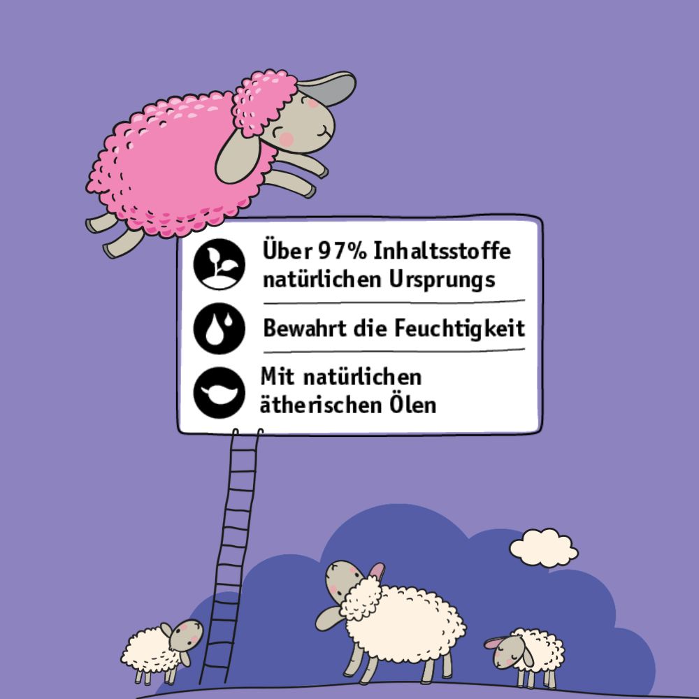 Illustratie van een roze schaap dat boven een ladder zweeft. Tekst op bord: Meer dan 97% ingrediënten van natuurlijke oorsprong, behoudt vocht, met etherische oliën.