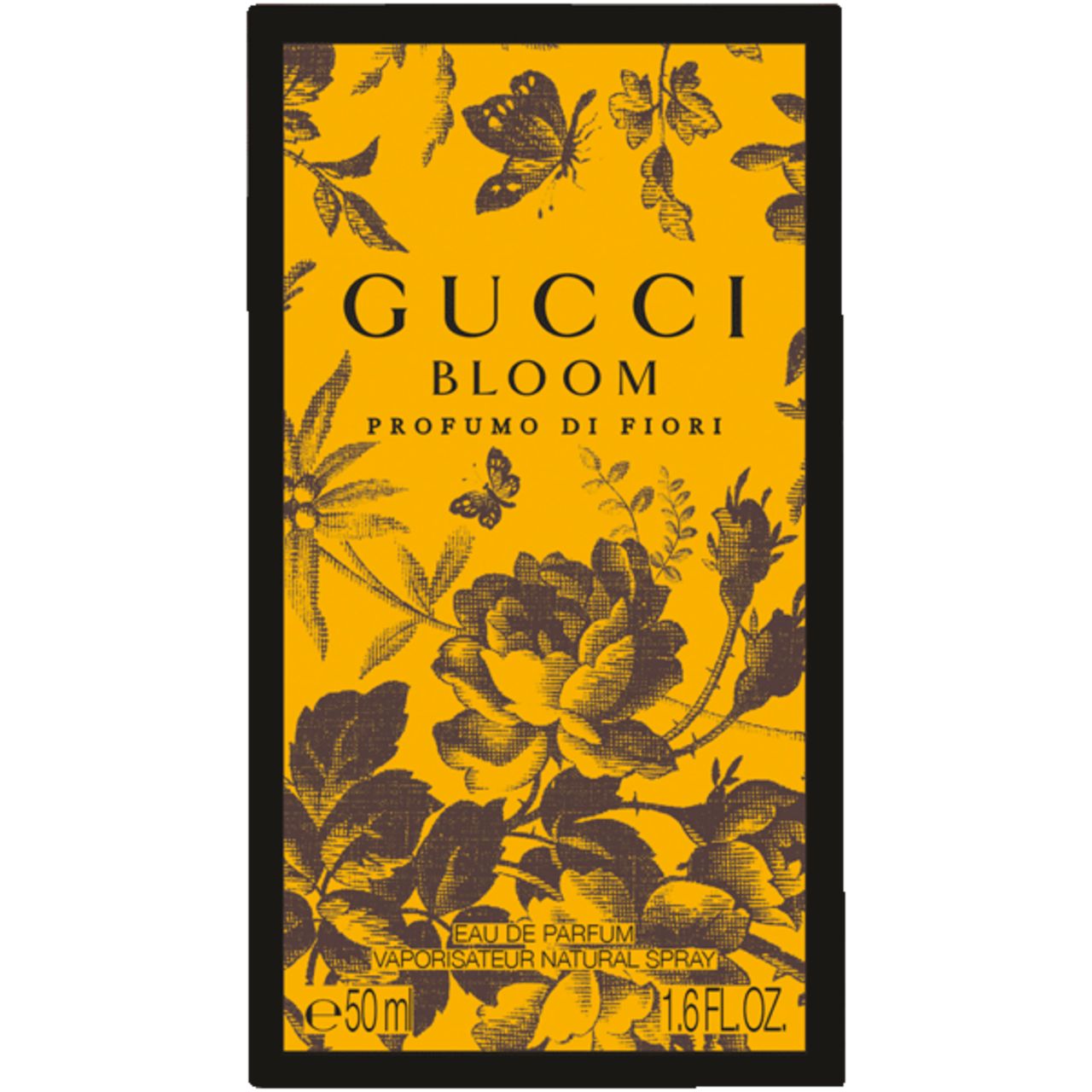 Gele doos met bloemenpatroon en opschrift: Gucci Bloom Profumo di Fiori. Zwarte kader.