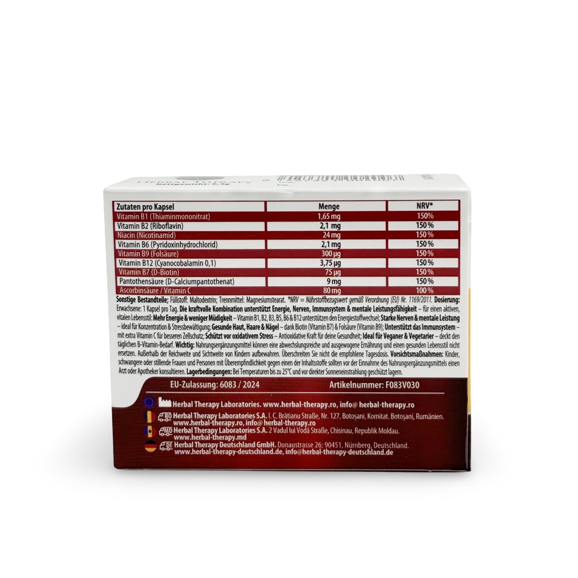 Dos de l'emballage de vitamine B-Komplex + C. Contient un tableau avec ingrédients et informations nutritionnelles. Texte en allemand.