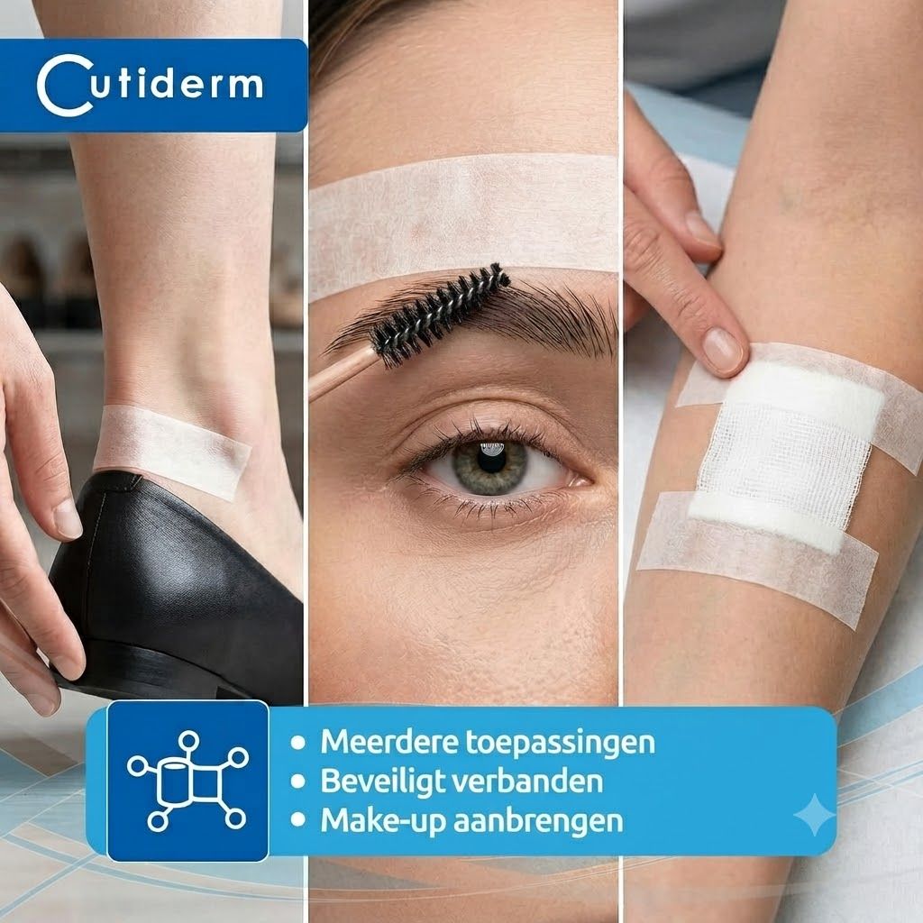 Collage toont Cutiderm pleisters op enkel, wenkbrauw en arm. Tekst: Meerdere toepassingen, Beveiligt verbanden, Make-up aanbrengen.