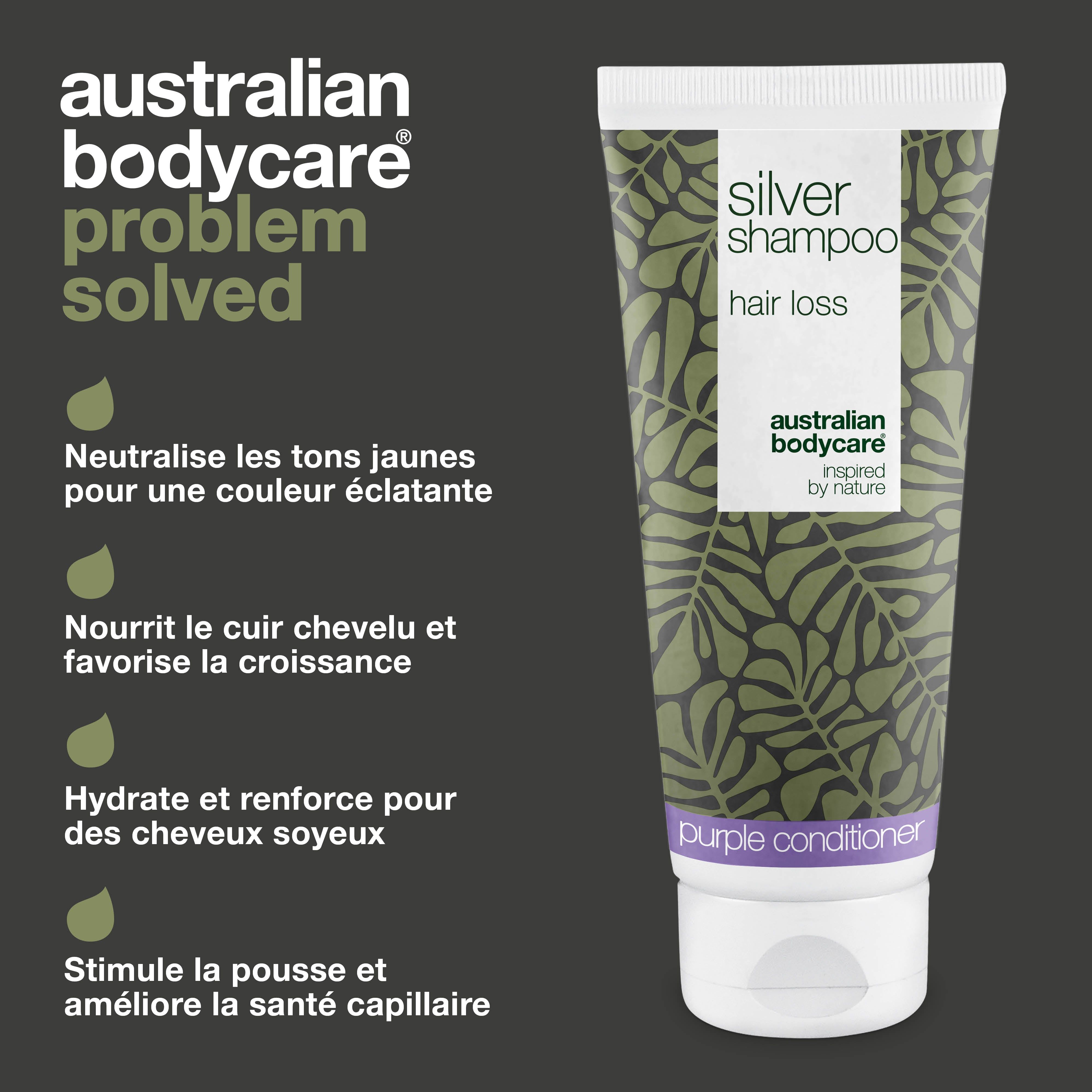 Mèche de cheveux et tube de shampooing. Texte : tons jaunes dans les cheveux, chute précoce. Solution : shampooing.