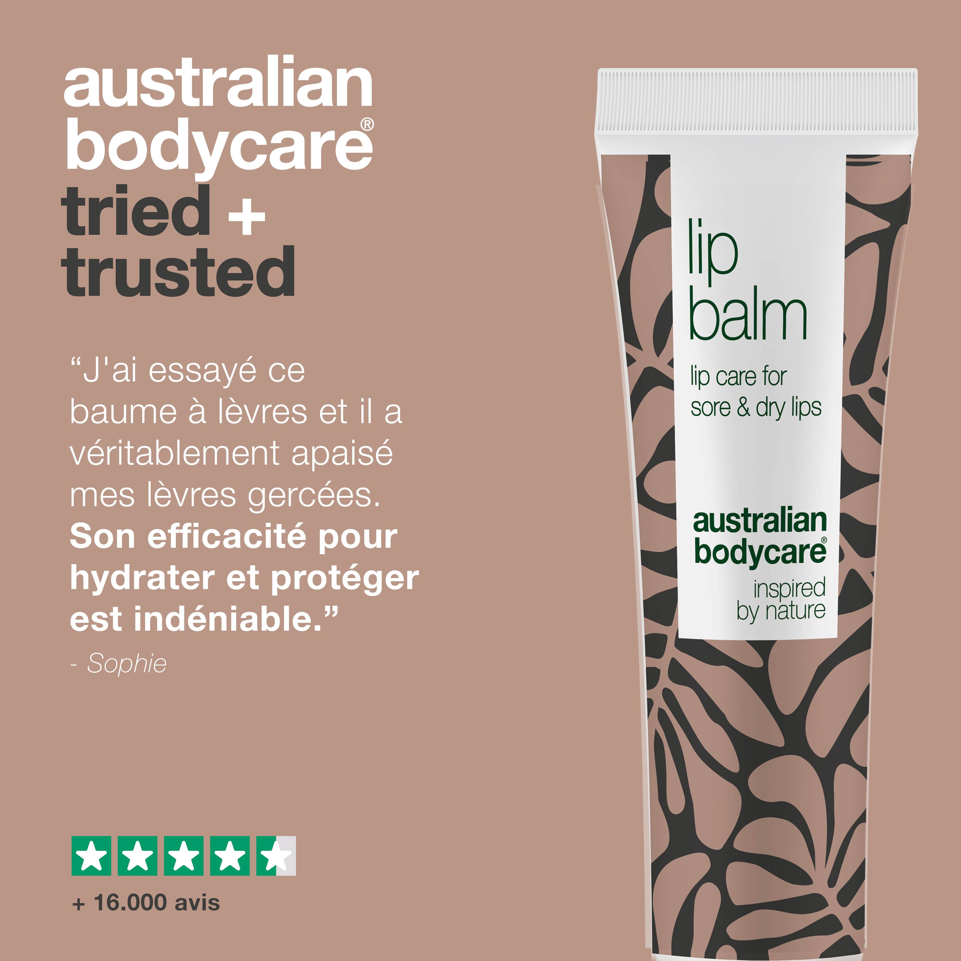 Produit de soin des lèvres. Texte: Lip Balm, australian bodycare. Citation et évaluation par étoiles.