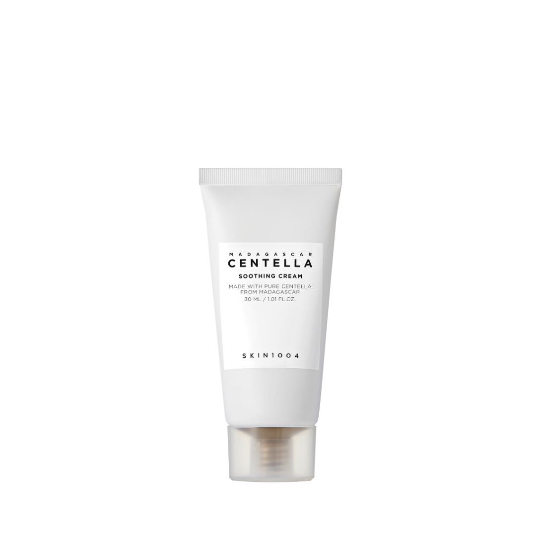 Tube van SKIN1004 Centella Soothing Cream. Wit, met productinformatie. Transparante dop.