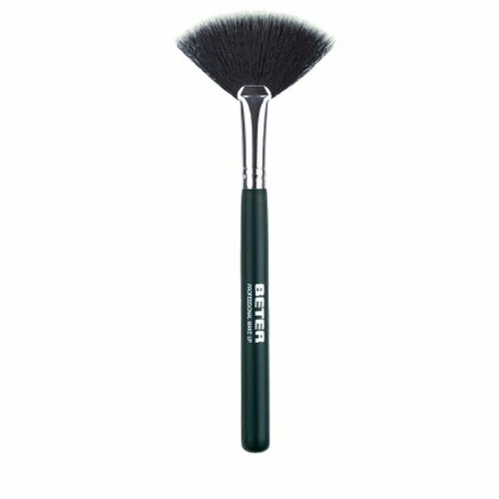 Synthetische waaier make-up kwast met donker handvat en zilveren ferrule.