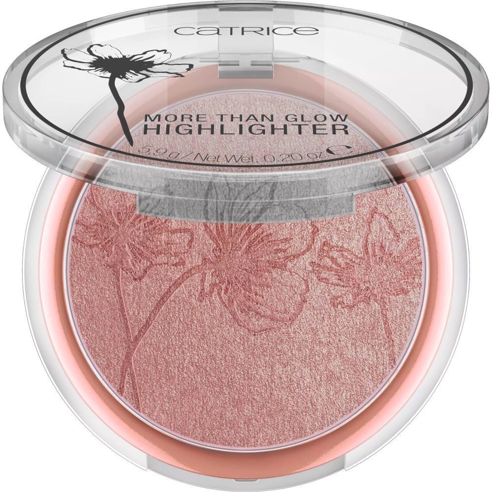 Highlighter compact de Catrice. Teinte rose avec motif floral. Emballage transparent. Texte : MORE THAN GLOW HIGHLIGHTER.