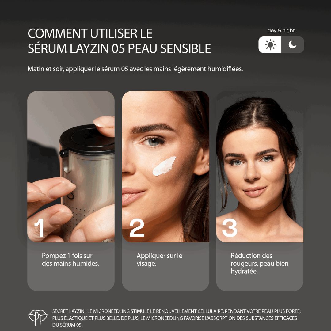 Étapes d'utilisation. Femme appliquant le sérum. Texte : Sérum 05 pour peau sensible. 1. Appliquer. 2. Visage. 3. Réduire les rougeurs.