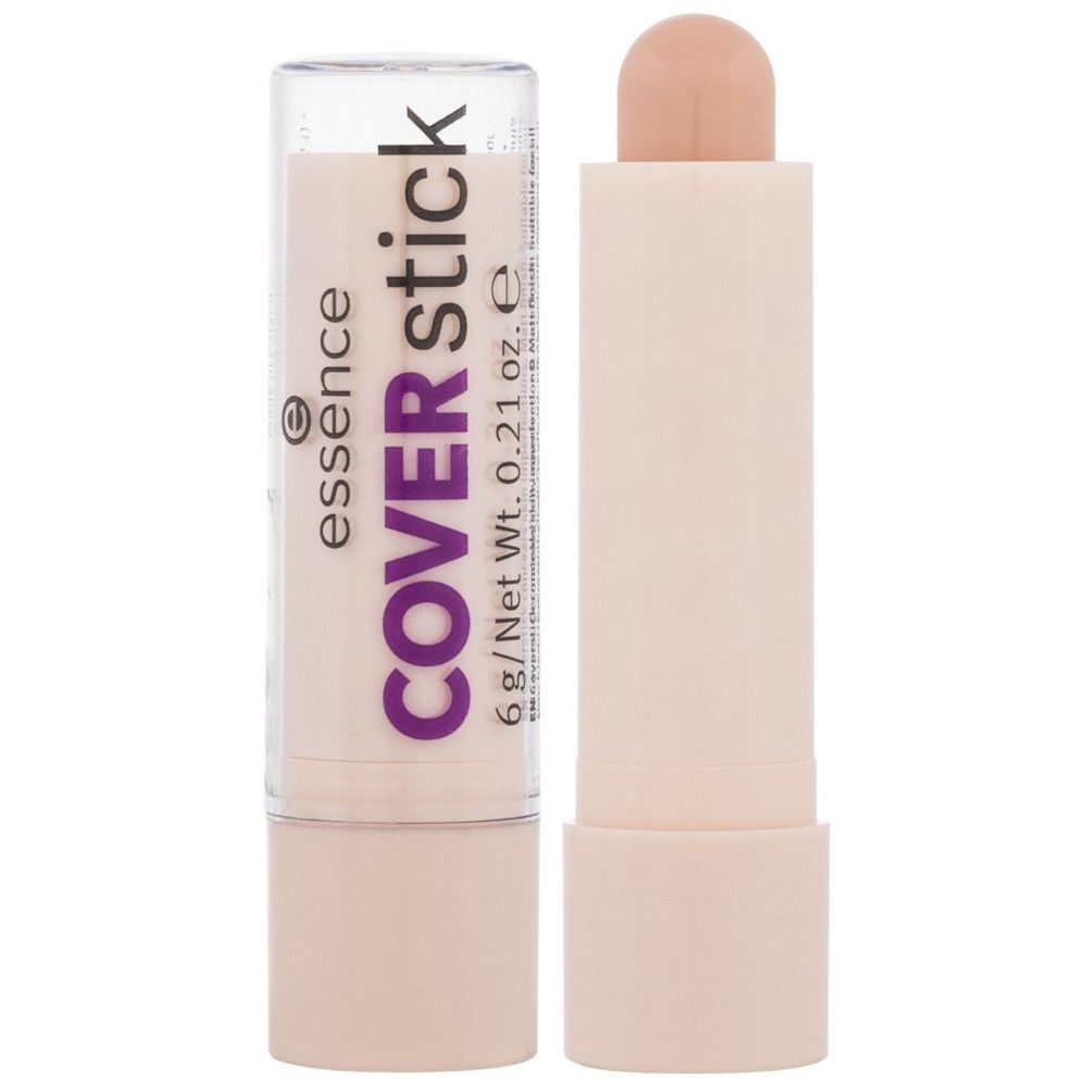 Correcteur Coverstick Essence. Tube beige avec inscription violette Coverstick. Informations produit : 6 g/Net Wt. 0.21 oz.e. Capuchon ouvert.