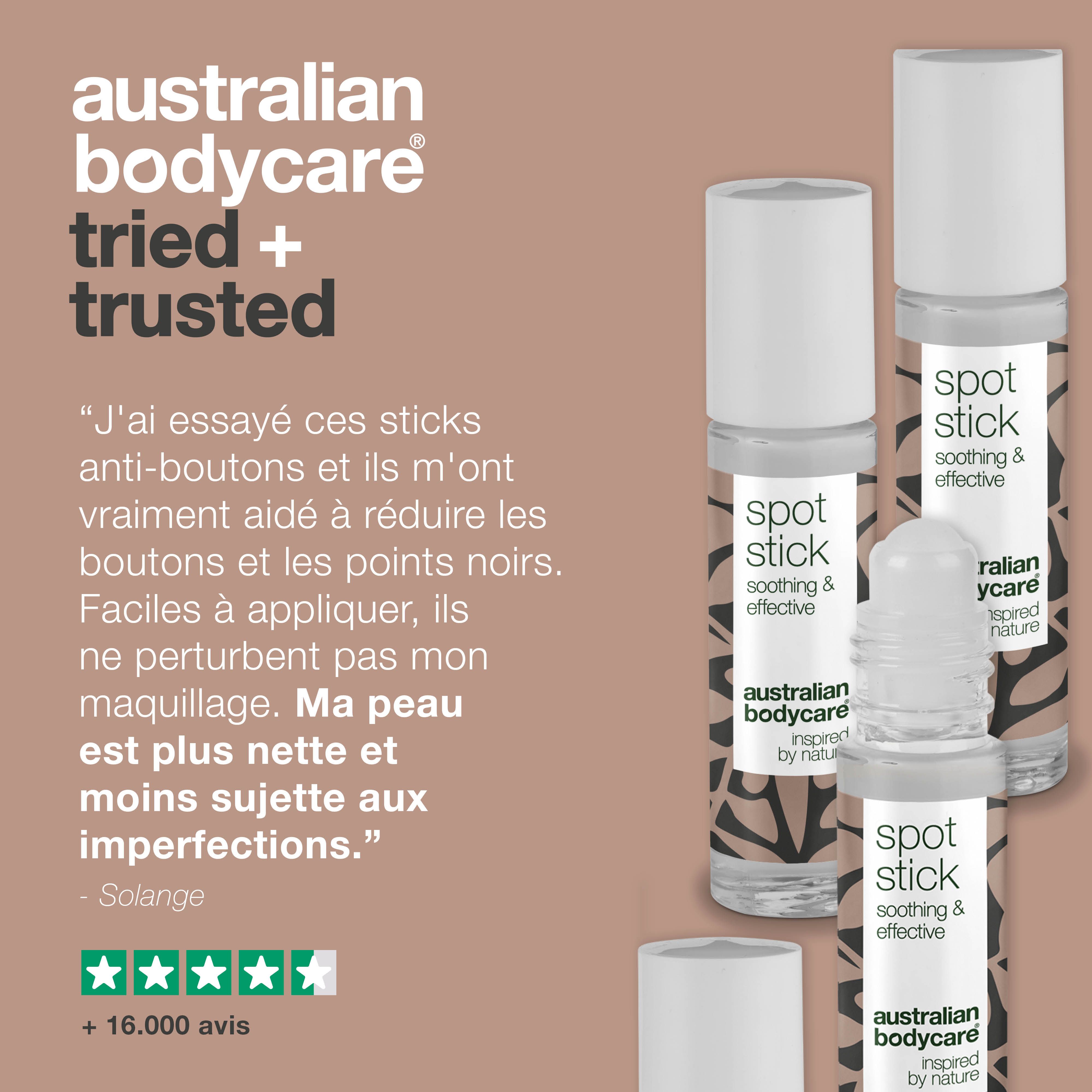 Témoignage avec Spot Stick. Visible : Spot Stick, apaisant & efficace, Australian Bodycare.