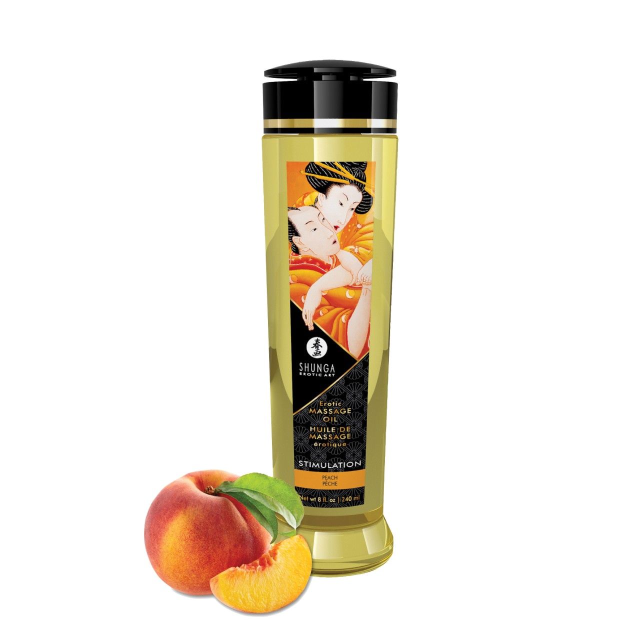 Shunga massageolie fles met perzikmotief op etiket, ernaast een perzik en een plakje.