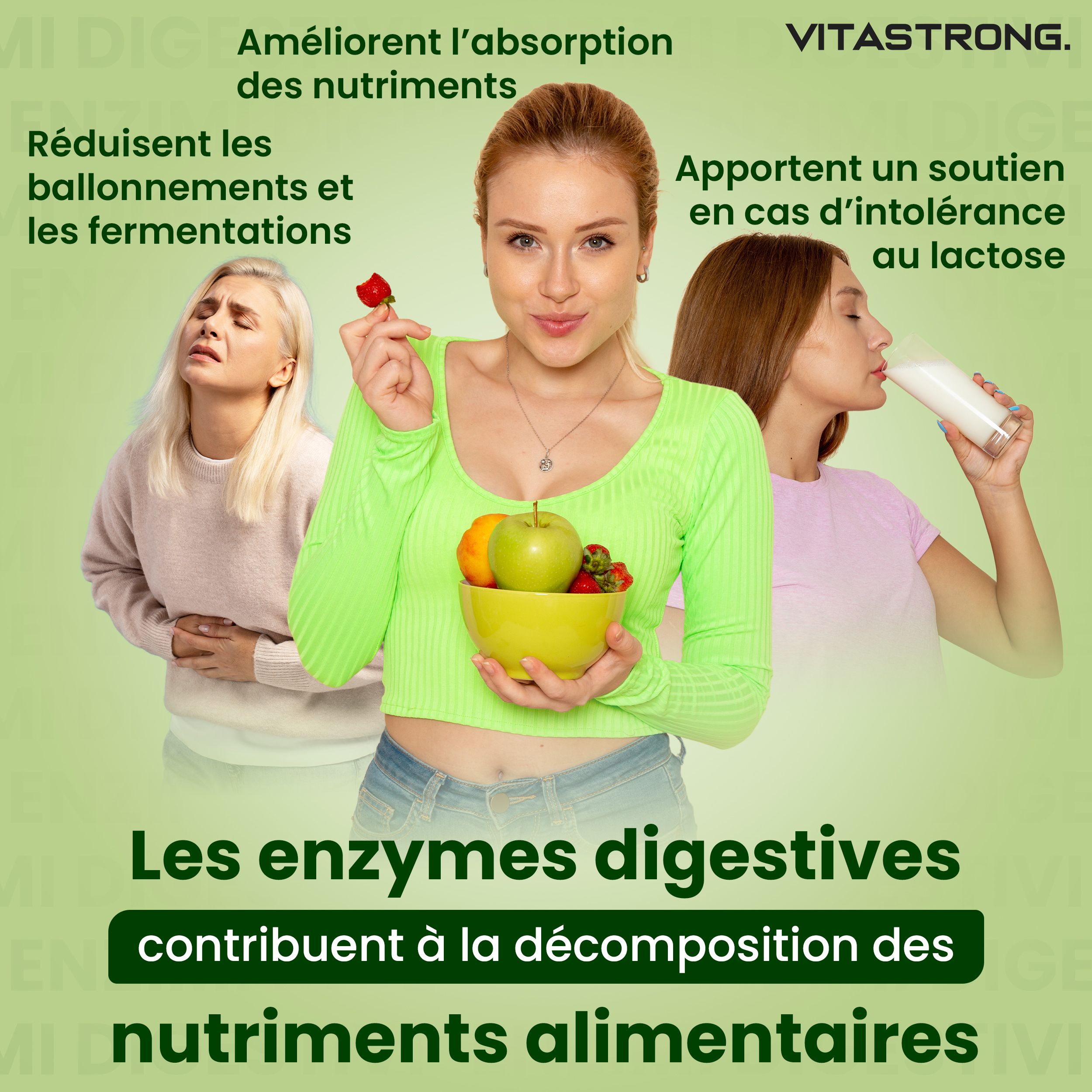 Productillustratie. Merk: Vitastrong. Product: Spijsverteringsenzymen. Mensen op de achtergrond. Tekst over voordelen.