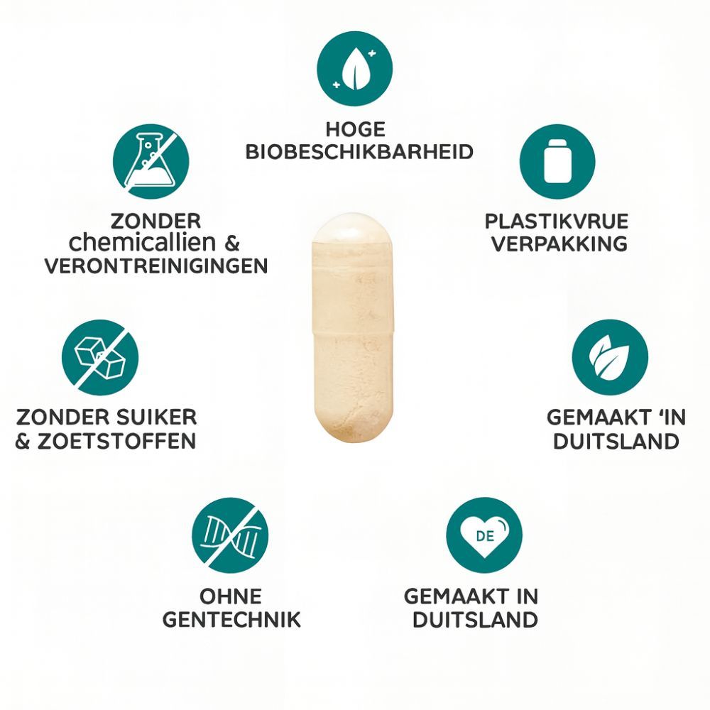 Capsule, omringd door iconen. Zonder chemicaliën, zonder suiker, zonder GGO's, gemaakt in Duitsland.