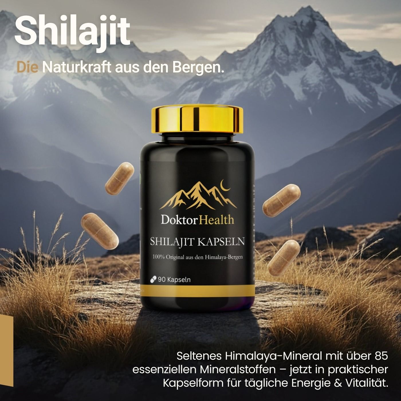 Zwarte fles met gouden dop en capsules. Opschrift: Doktor Health Shilajit Kapseln.