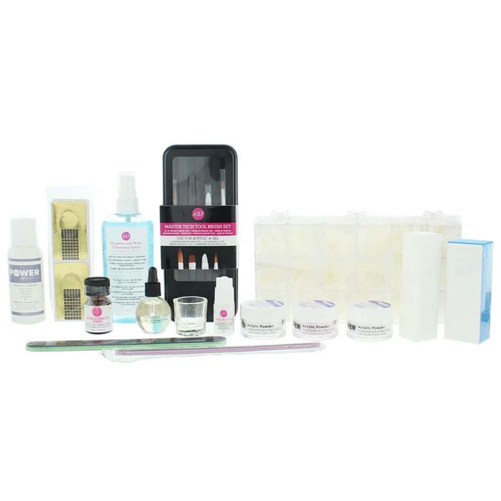 Kit de formation ASP Power Set Acrylic. Divers flacons, récipients, pinceaux, limes et faux ongles. Récipient noir avec pinceaux.