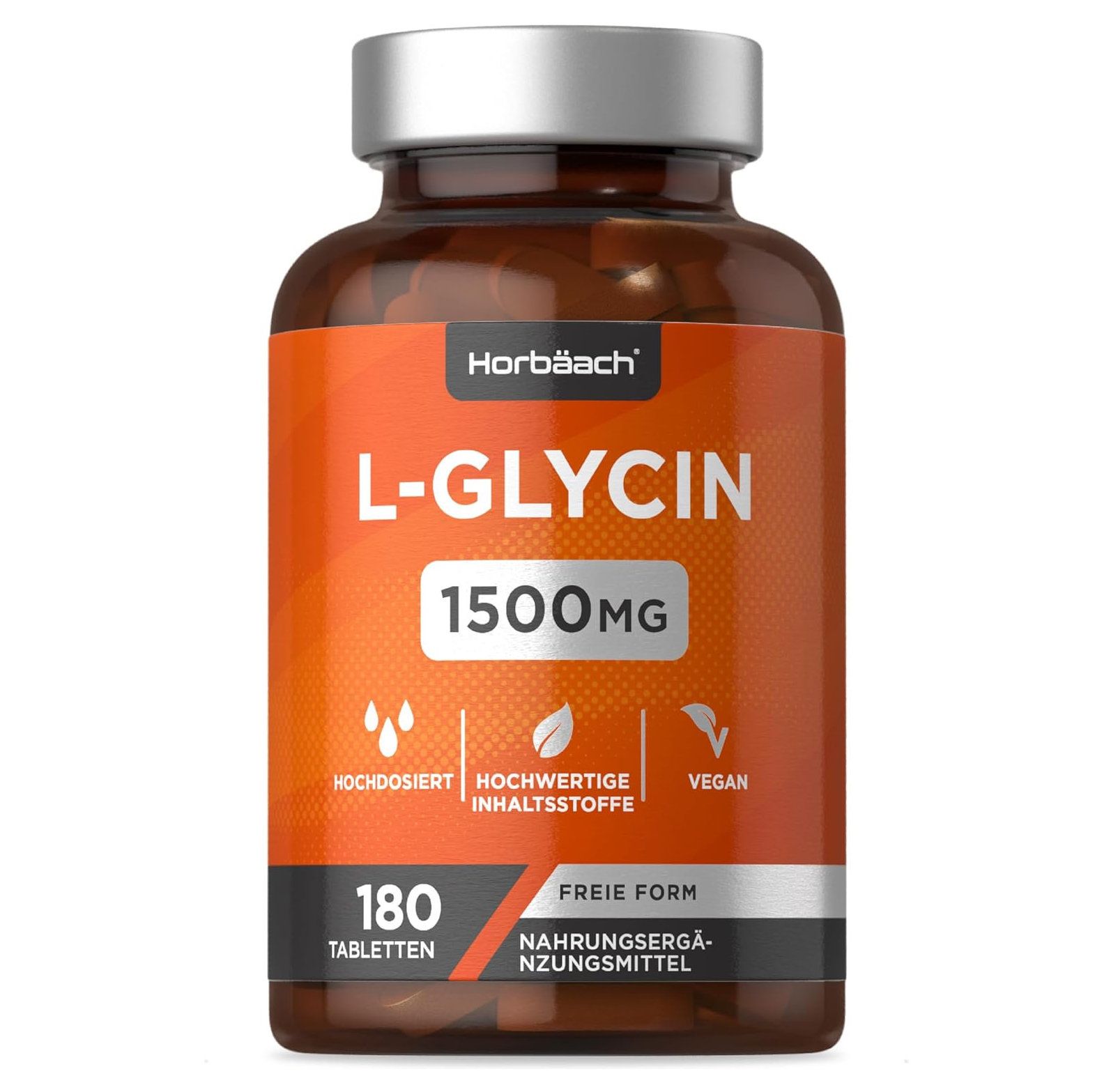 Flacon brun avec étiquette orange. Contient 180 comprimés de L-Glycine 1500mg. Vegan.