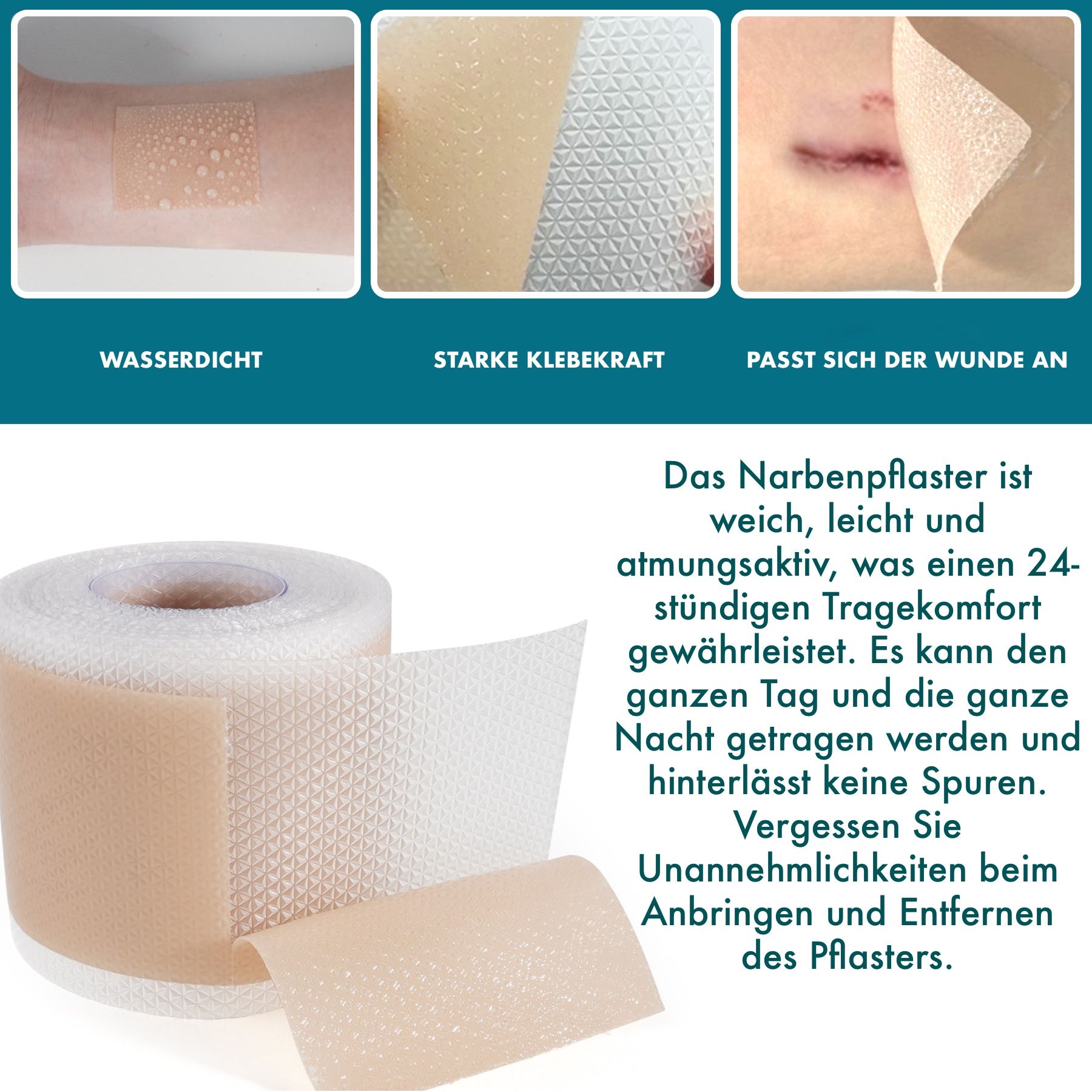 Rol littekenpleister van huidkleurig, flexibel materiaal met honingraatpatroon aan de kleefzijde.