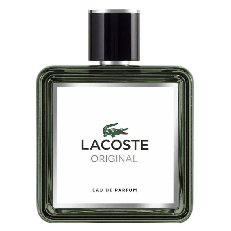 Flacon Lacoste Original Eau de Parfum avec bouchon noir et anneau argenté. Bordure verte, étiquette blanche avec logo crocodile.