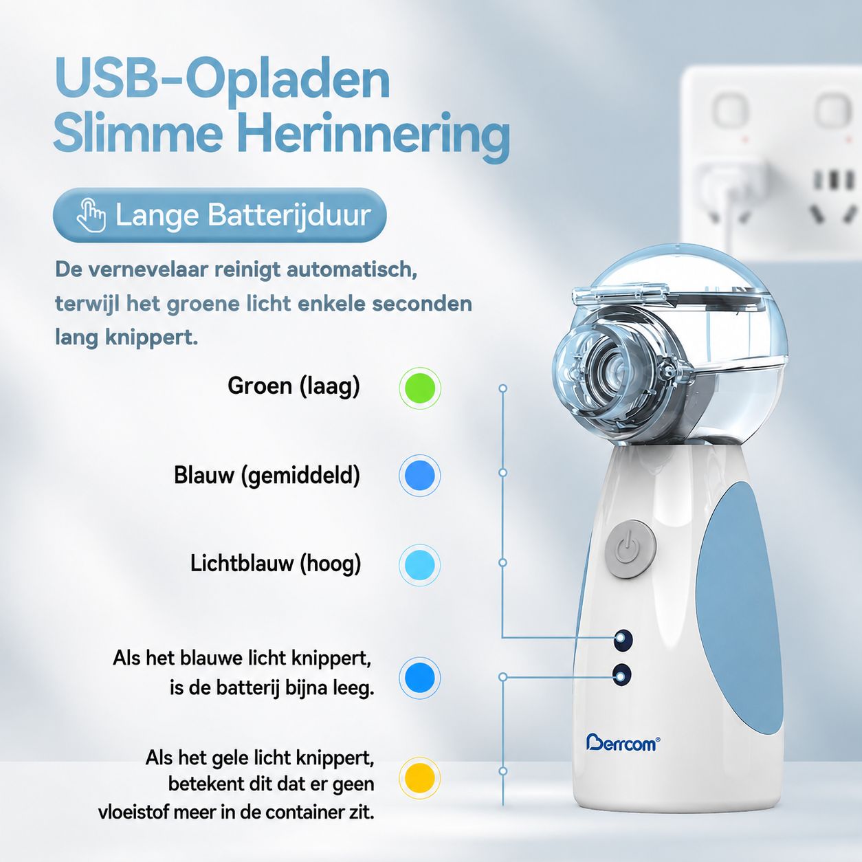 Een witte en blauwe vernevelaar met USB-oplaadfunctie en indicatielampjes voor batterijstatus en niveau.