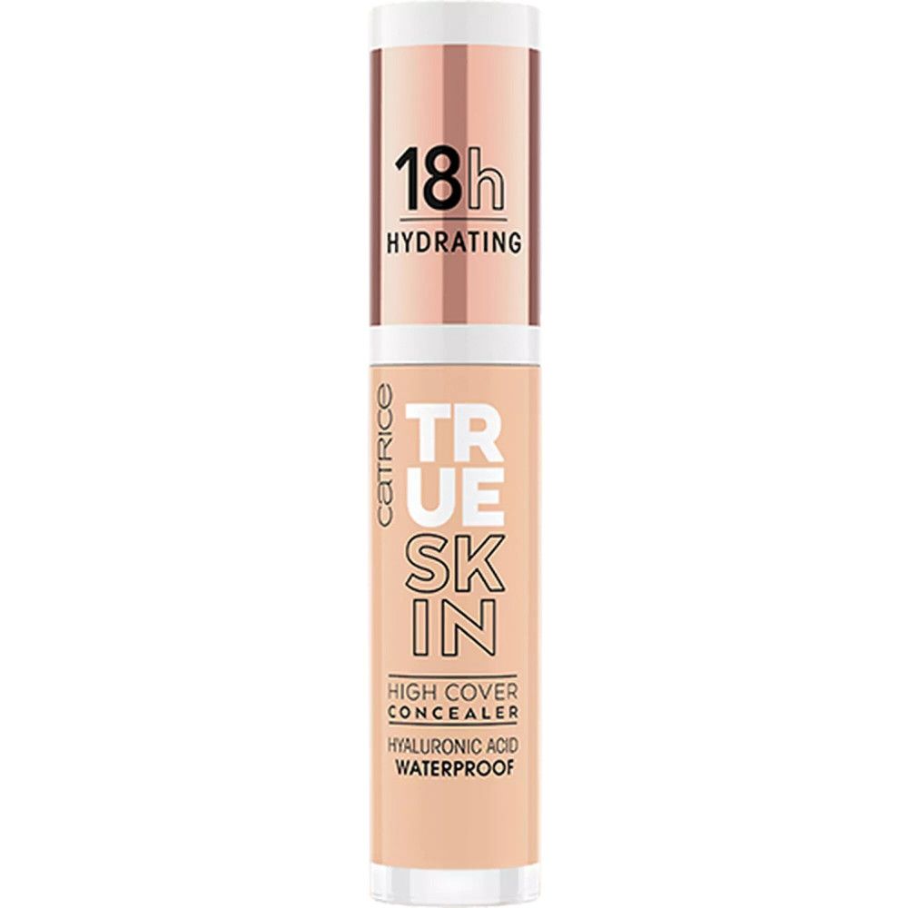 Correcteur Catrice True Skin. Flacon. Inscription: True Skin, High Cover Concealer, Hyaluronic Acid, Waterproof. Bouchon: 18h Hydrating.