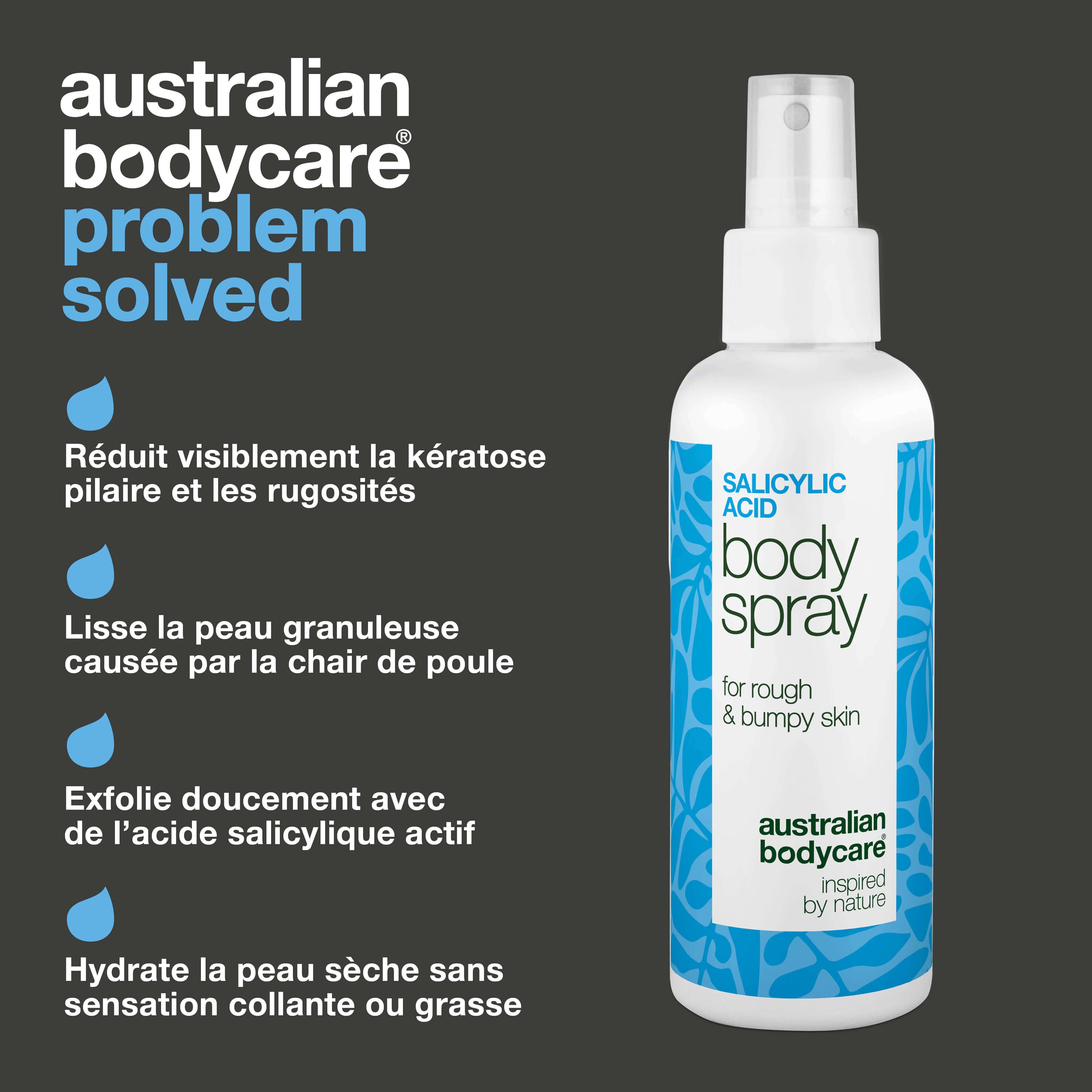 Produit à côté du texte : Réduit la kératose pilaire, lisse la peau rugueuse, exfolie avec de l'acide salicylique, hydrate. Produit : Body Spray.