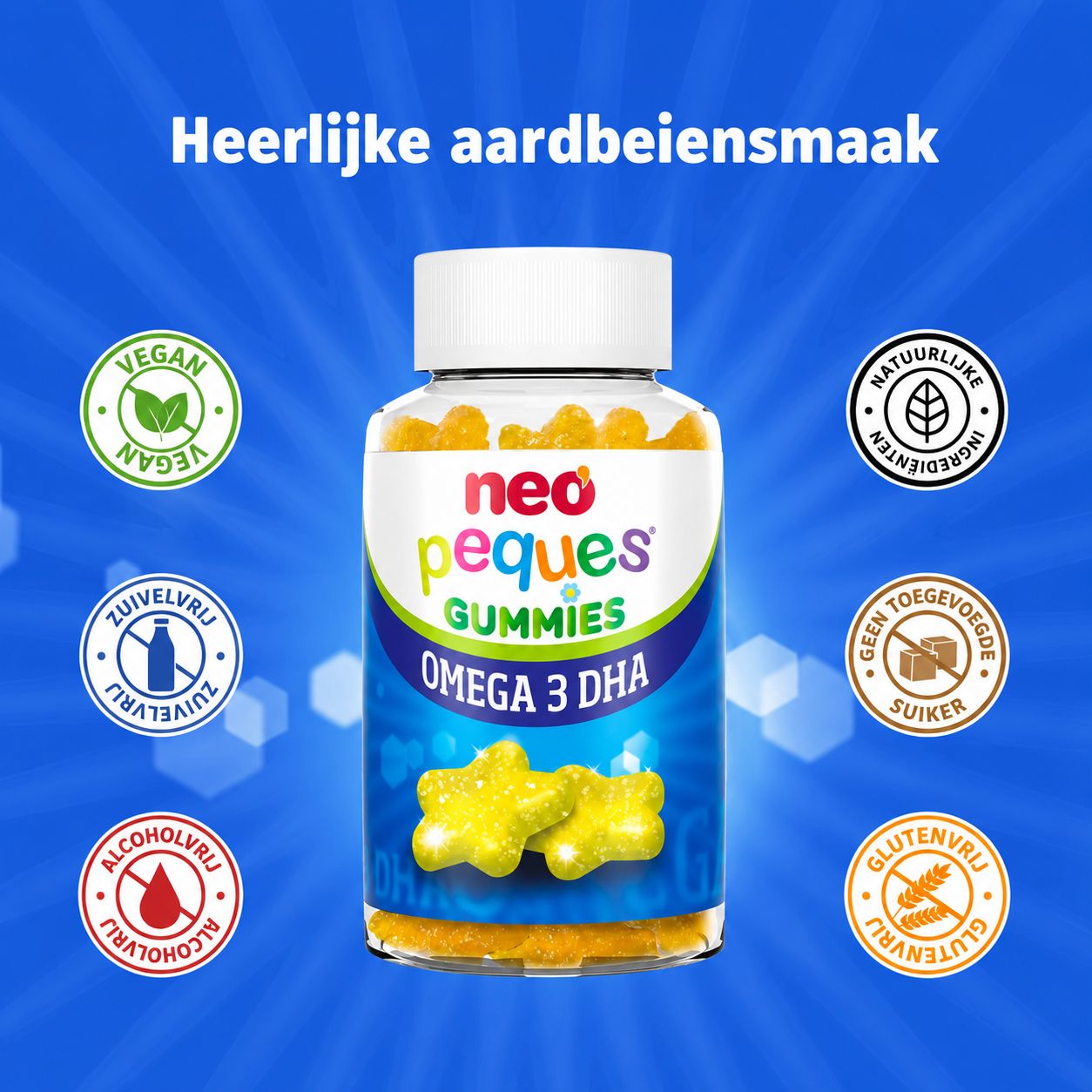 Fles Neo Peques Omega 3 DHA Gummies, aardbeiensmaak, met zegels: Vegan, natuurlijk, suikervrij, glutenvrij, zuivelfrei, alcoholvrij.