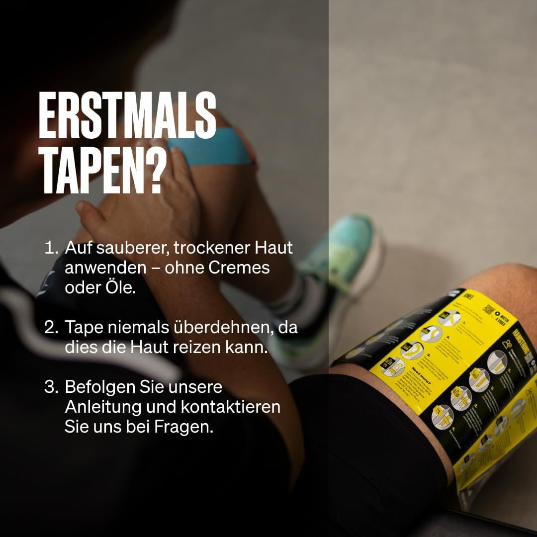 Instructies voor het aanbrengen van kinesiologie tape: Aanbrengen op schone huid, niet te ver uitrekken.