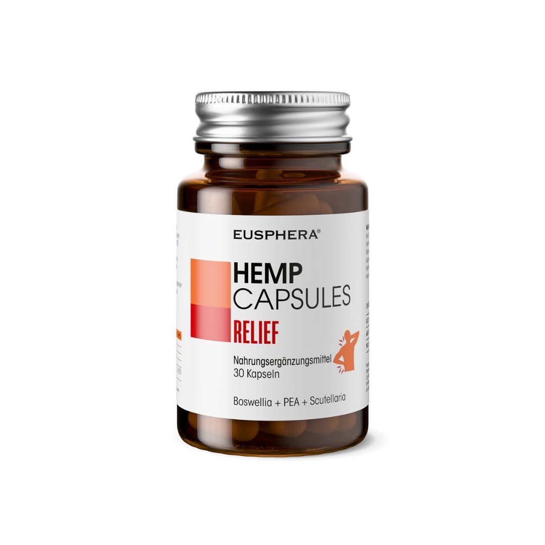 Bruine glazen fles met capsules. Opschrift: EUSPHERA HEMP CAPSULES RELIEF. 30 capsules.