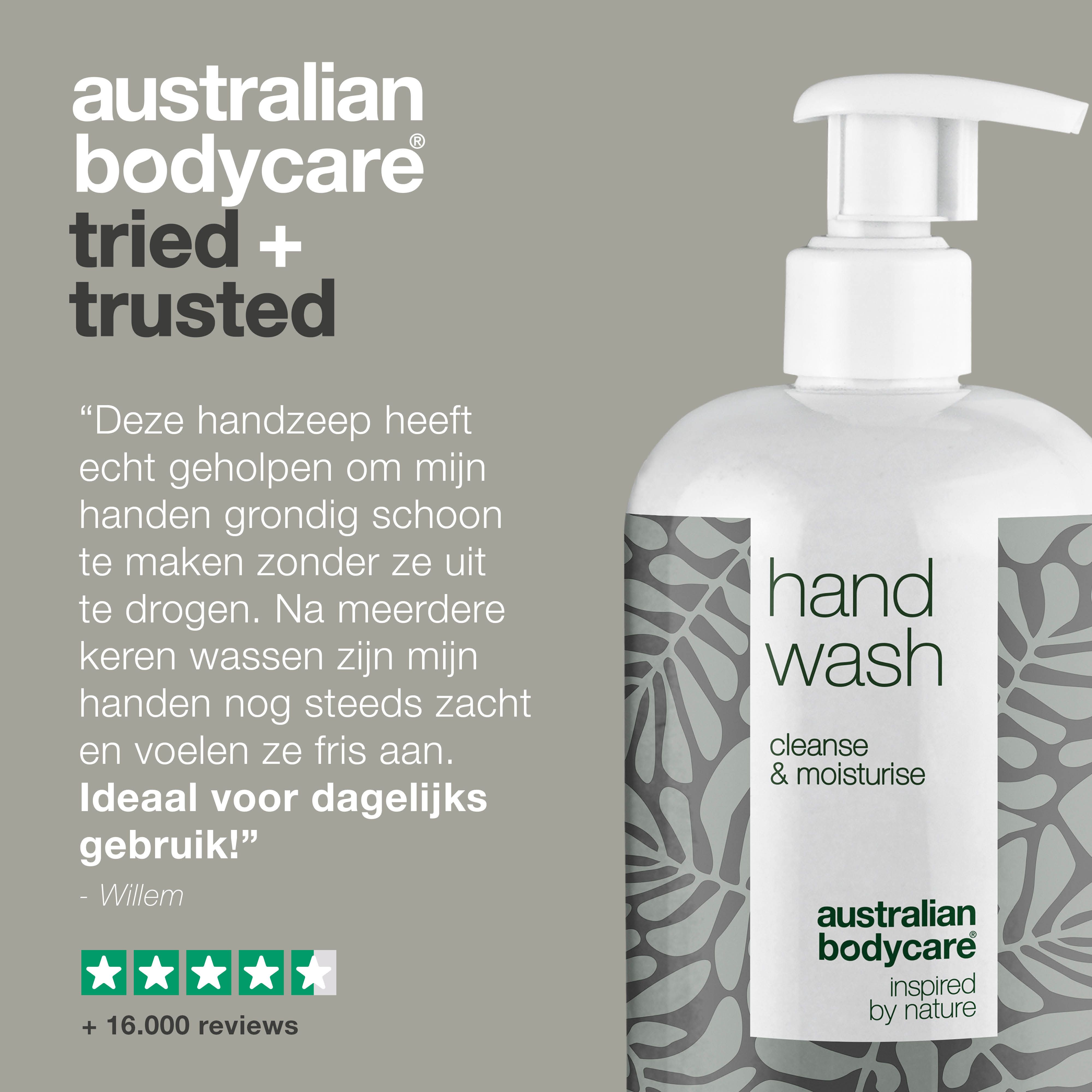 Handzeepfles. Opschrift: Hand Wash, cleanse & moisturise. Logo: Australian Bodycare. Citaat en sterren.