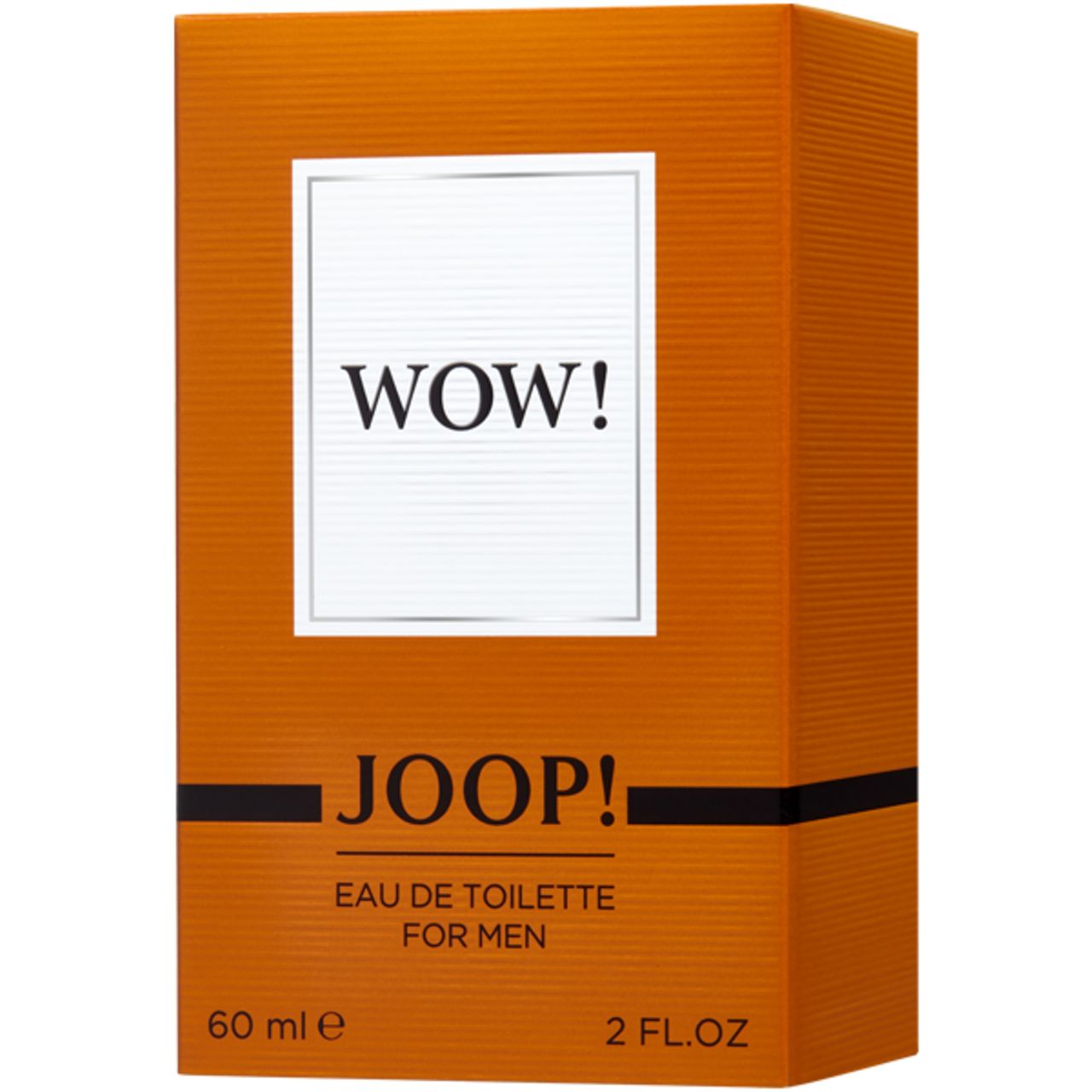 Emballage orange de Joop! Wow EdT. Texte blanc "WOW!" et "JOOP!". Texte: Eau de Toilette for Men.