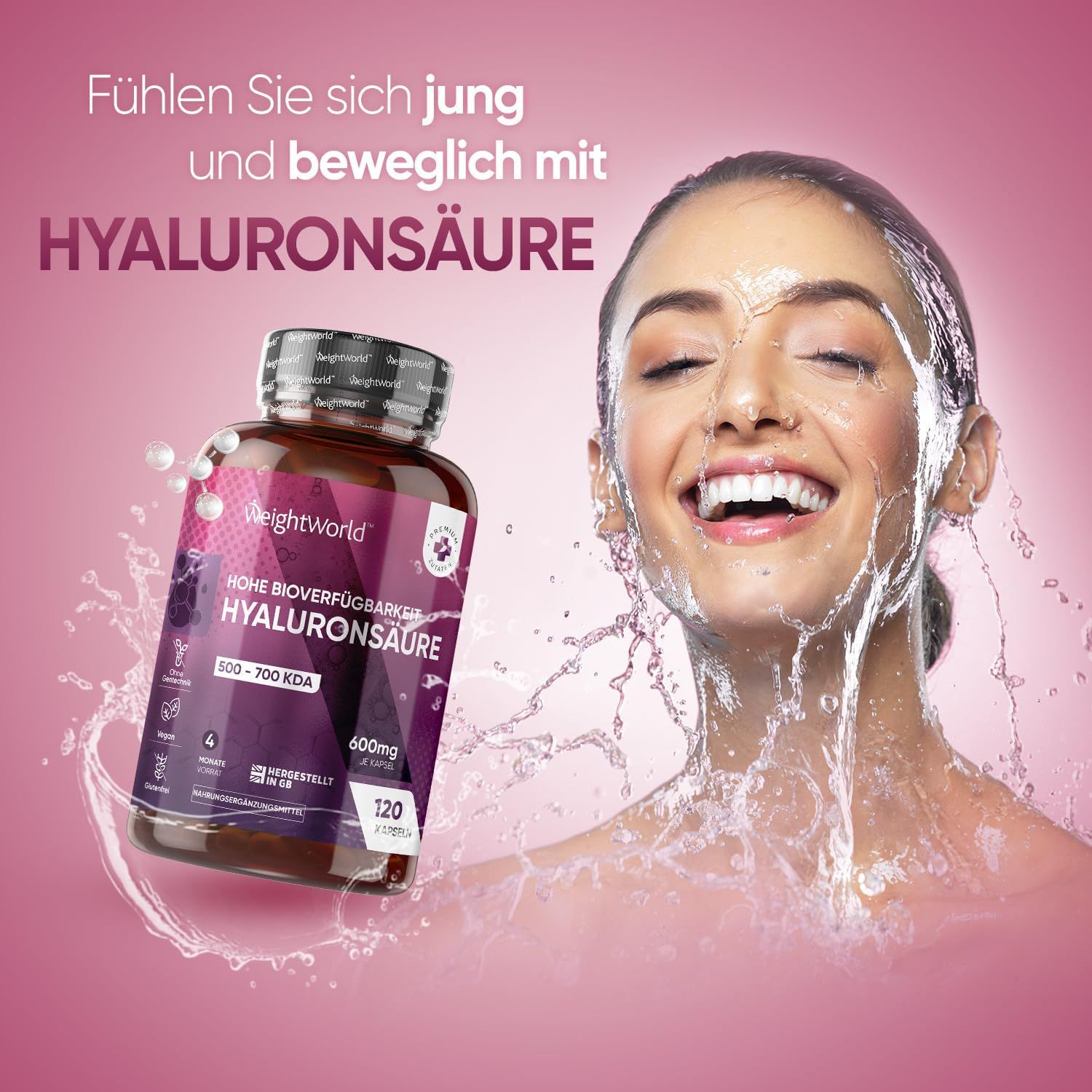 Vrouw met water op haar gezicht. Fles met hyaluronzuur. Tekst: Hyaluronzuur. Merk: WeightWorld.
