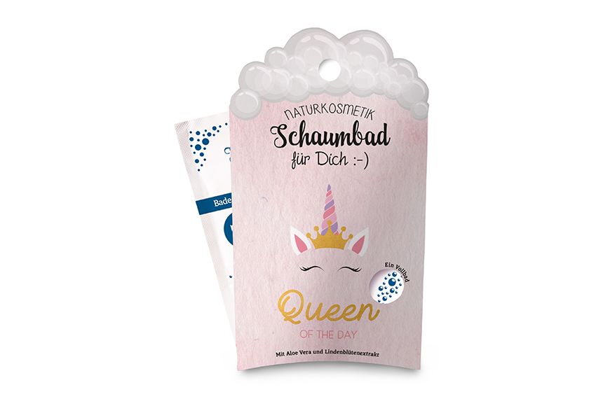 Emballage rose pour bain moussant avec illustration de licorne et texte : Naturkosmetik, Schaumbad für Dich, Queen of the Day.