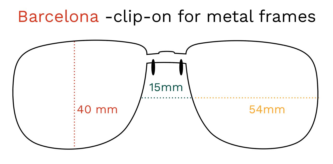 Schets van de clip-on. Afmetingen: 40mm, 15mm, 54mm. Tekst: Barcelona - clip-on voor metalen monturen.