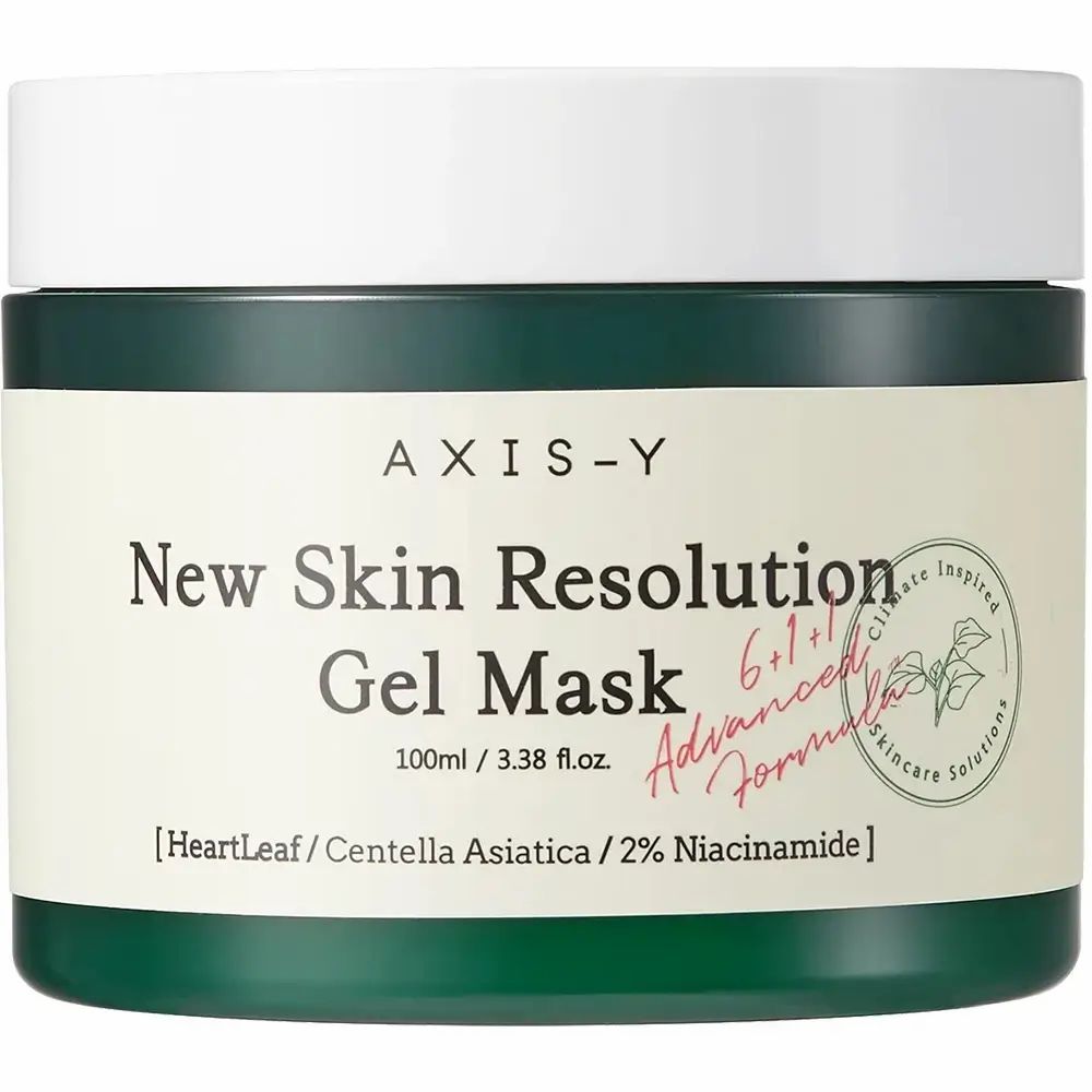Groene maskerverpakking. Opschrift: New Skin Resolution Gel Mask. Witte deksel.