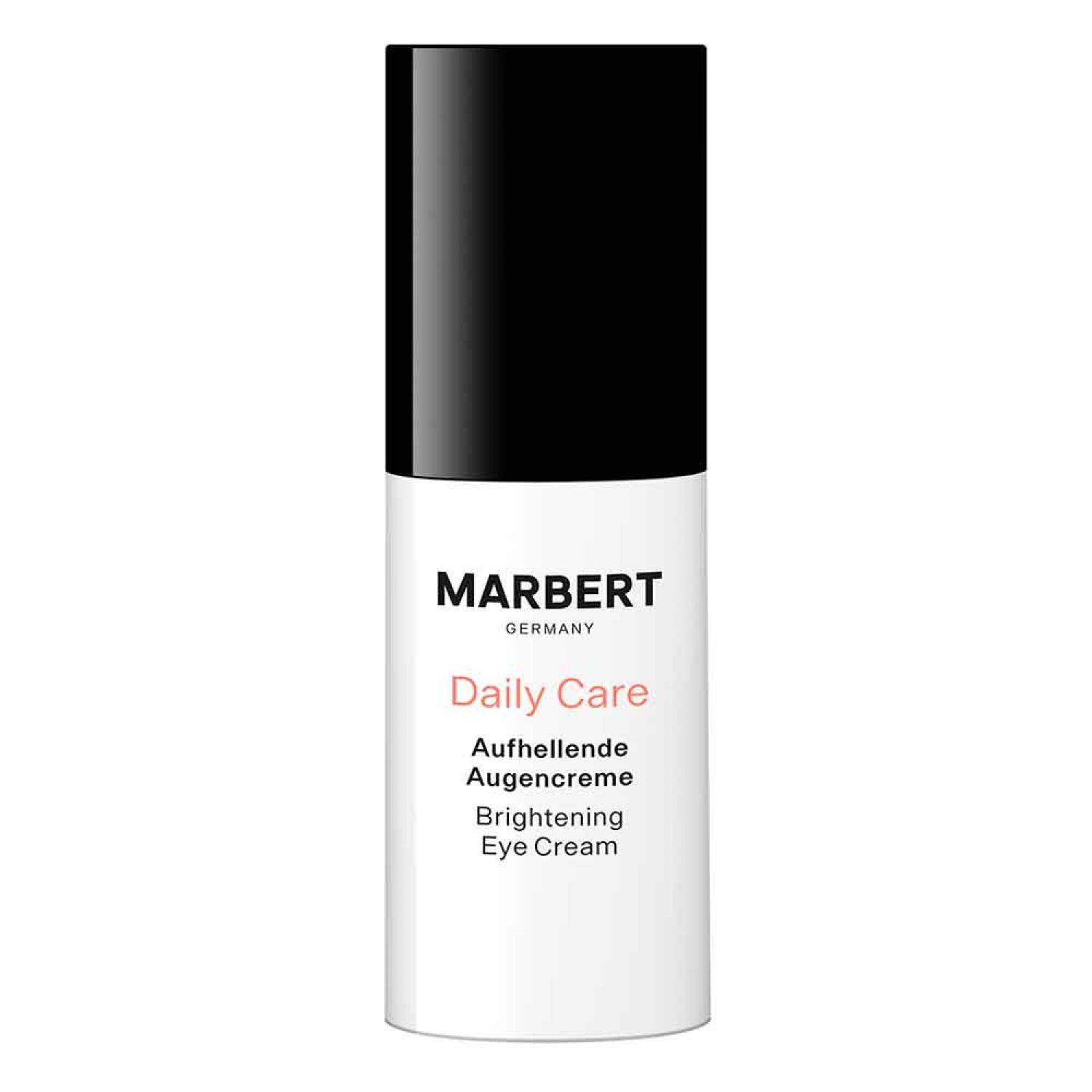 Witte cilinder met zwarte dop. Opschrift: MARBERT, Daily Care, Aufhellende Augencreme, Brightening Eye Cream.