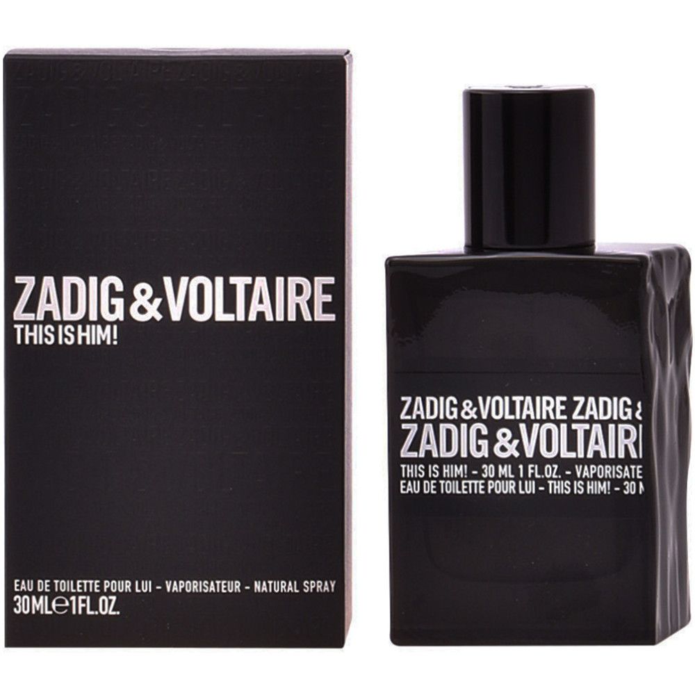 Zwarte fles en doos. Opschrift: ZADIG & VOLTAIRE THIS IS HIM! Eau de Toilette. 30 ml.