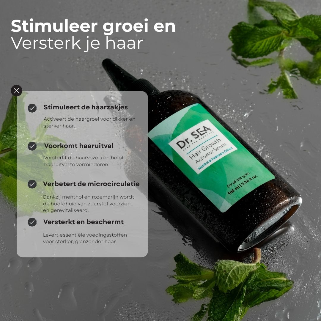 Fles met tekst en iconen. Tekst: Stimuleert de haarzakjes, voorkomt haaruitval, verbetert microcirculatie, versterkt en beschermt.