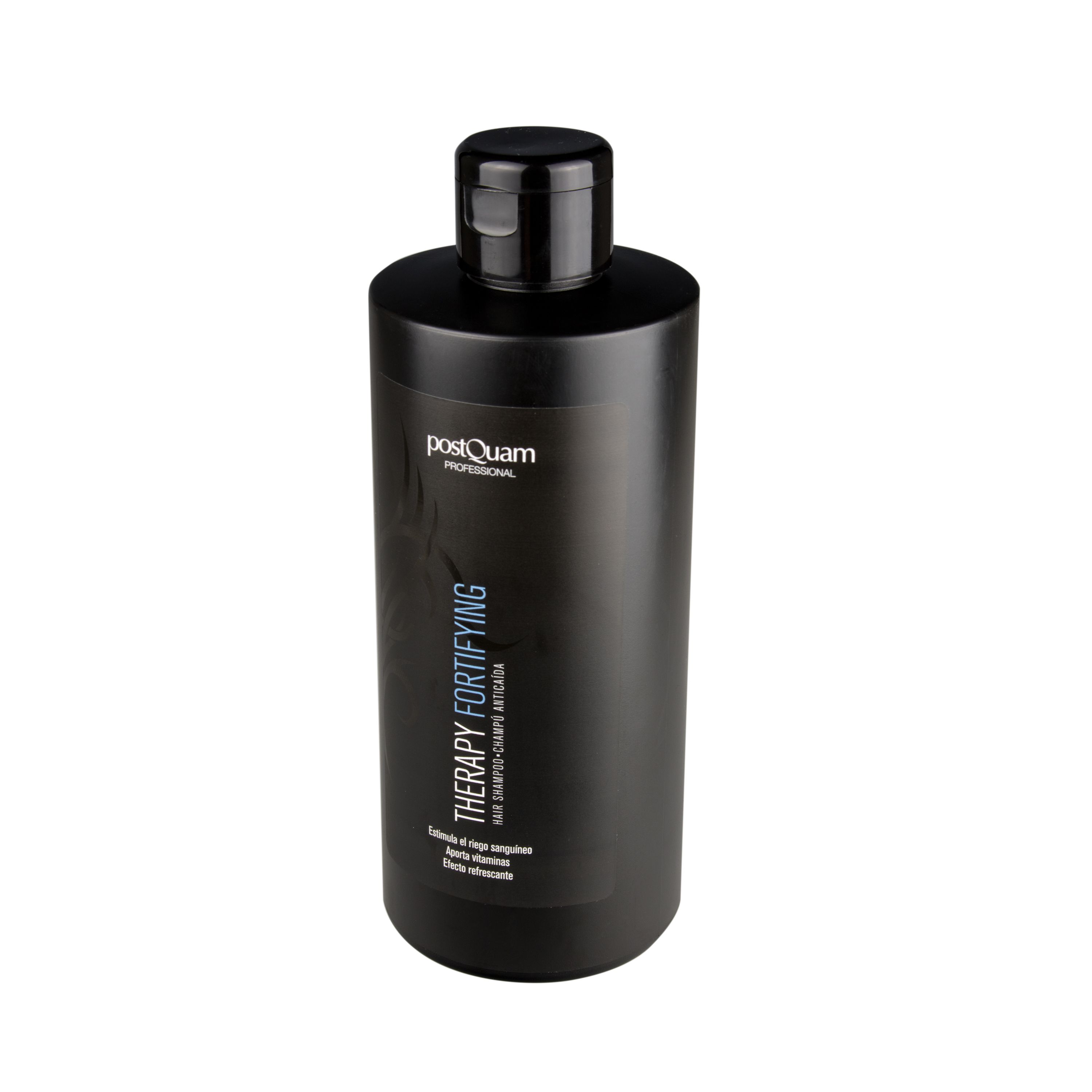 Zwarte shampoo fles met "Postquam Professional" en "Therapy Fortifying" tekst.