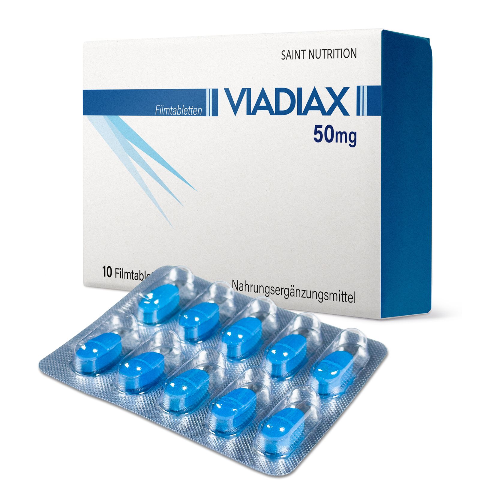 Boîte et blister de Viadiax® Filmtabletten avec comprimés bleus. Texte : Comprimés pelliculés, 50mg. Marque : Saint Nutrition.