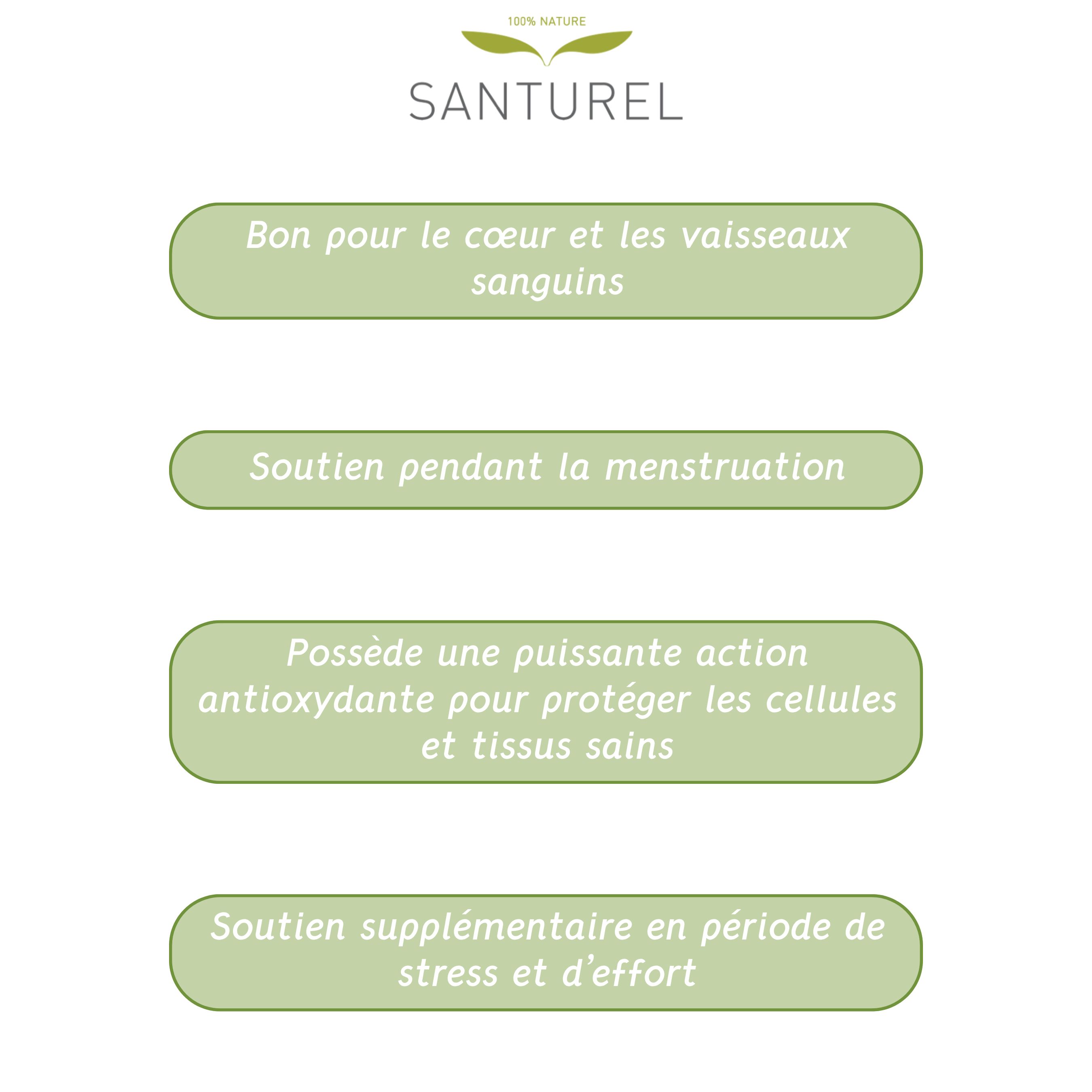 Encadrés de texte avec les avantages de Santurel Resvératrol Forte 200. Bon pour le cœur, soutien menstruel, action antioxydante.