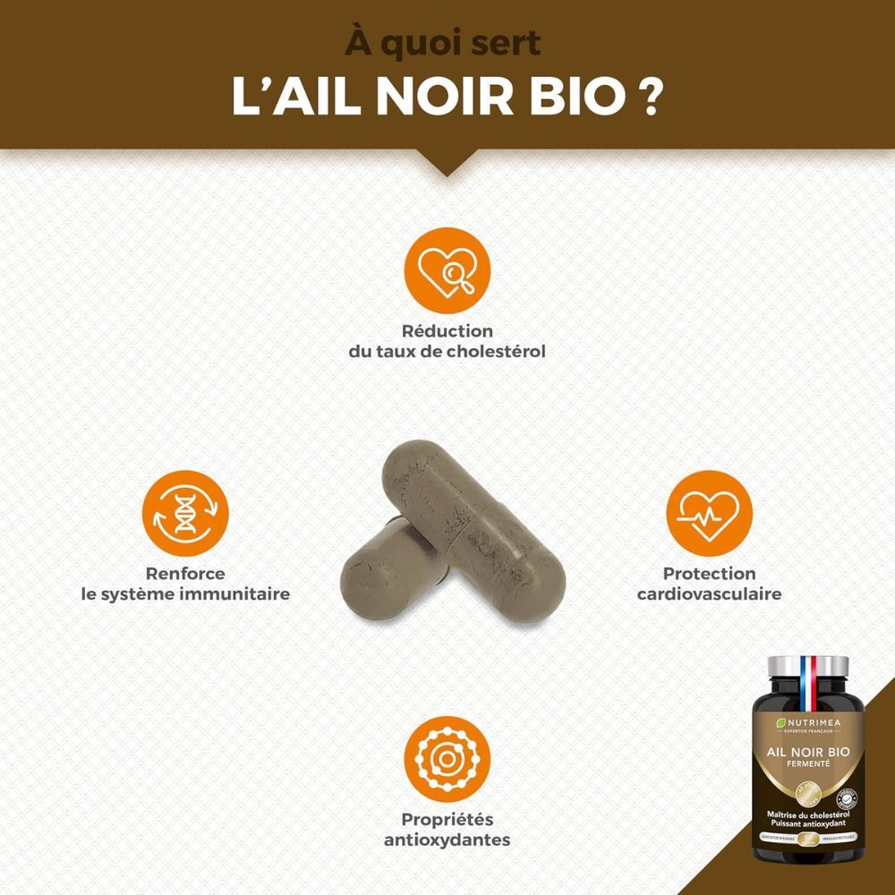 Graphique avec ingrédients : Ail Noir BIO, Fibre d'acacia. Image d'une gélule et d'un flacon.
