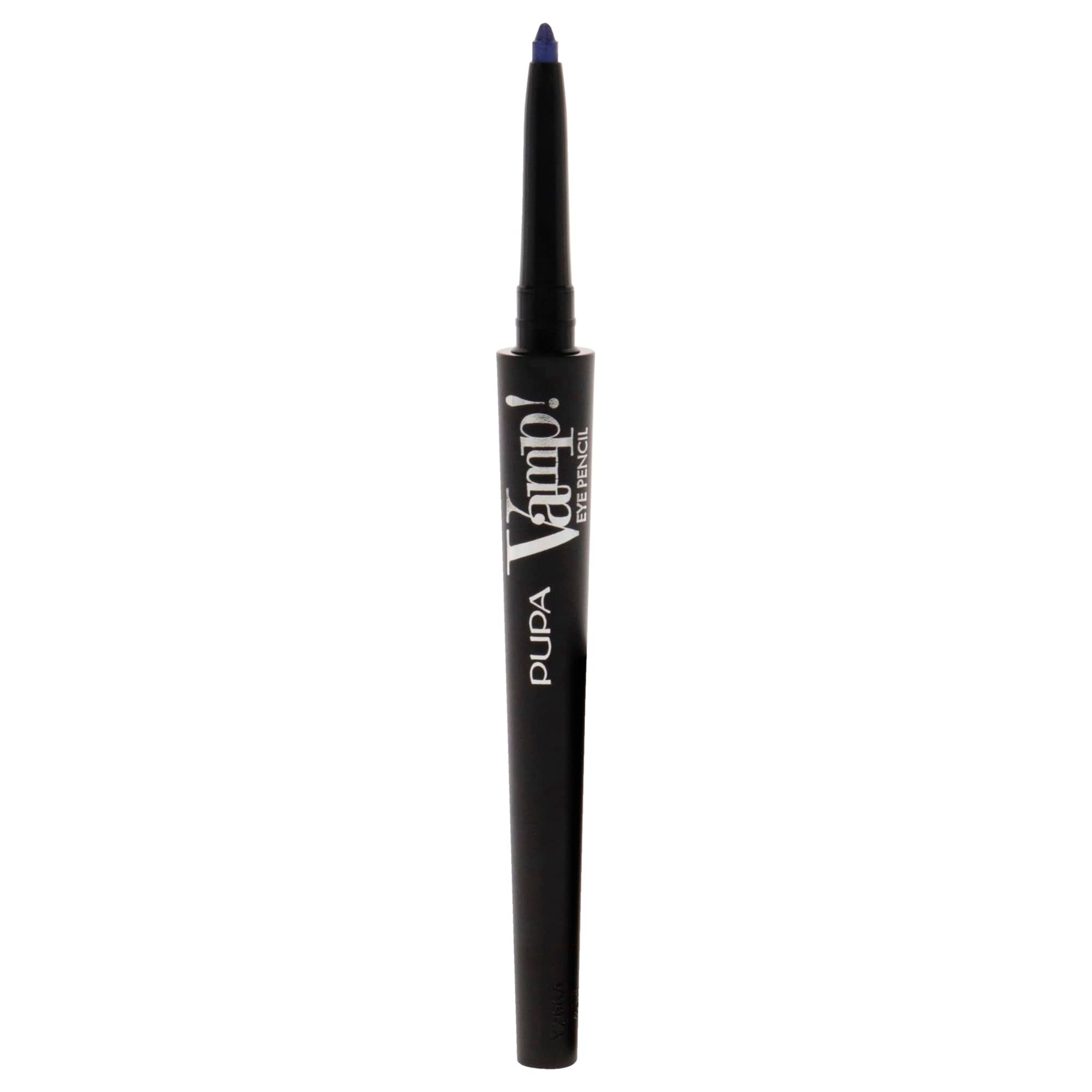 Blauw oogpotlood, punt uitgeschoven. Zwarte pen met witte tekst Pupa Vamp! Eye Pencil.