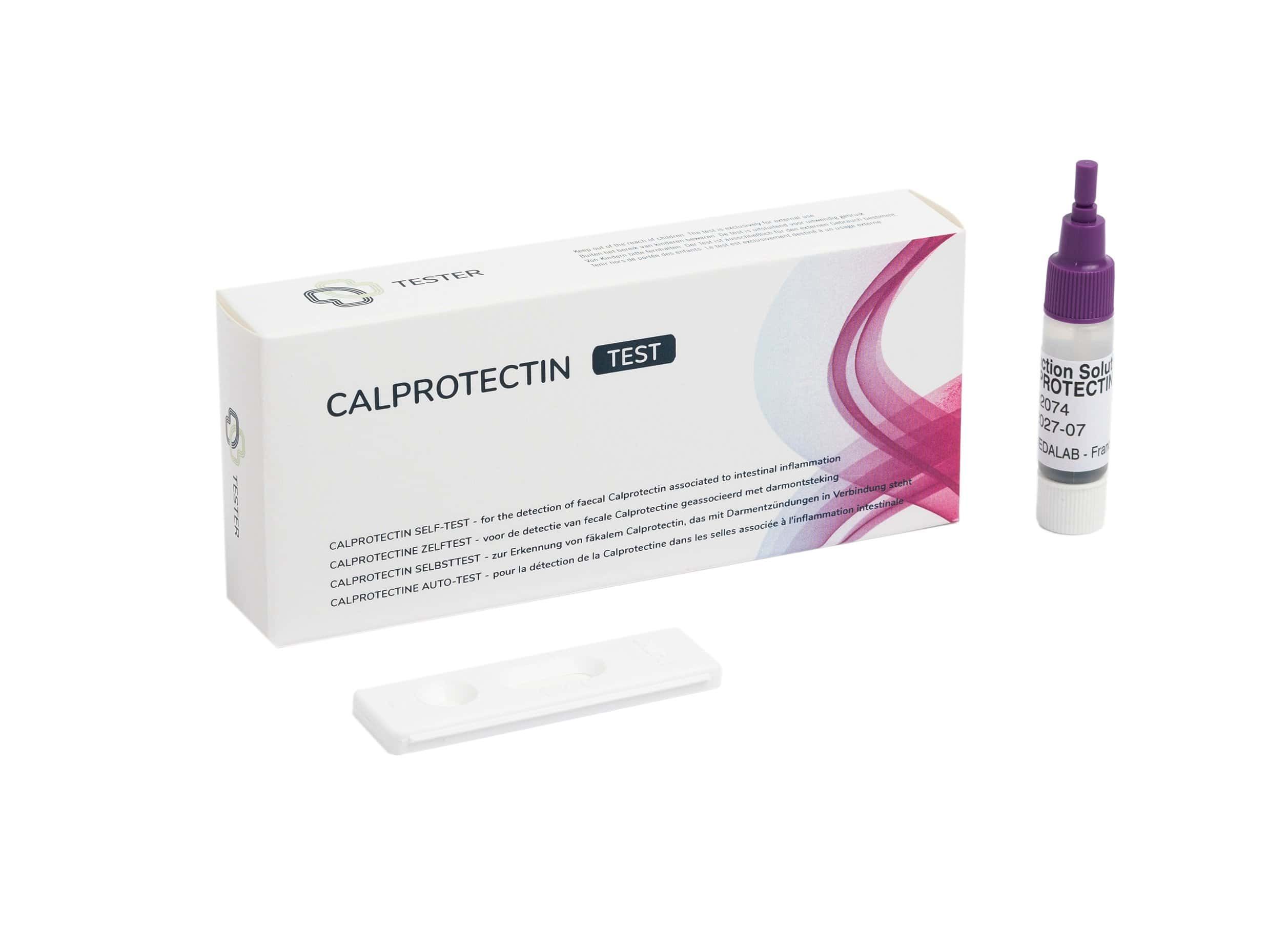 Test Calprotectine : boîte en carton, cassette de test et tube d'échantillon avec bouchon compte-gouttes.