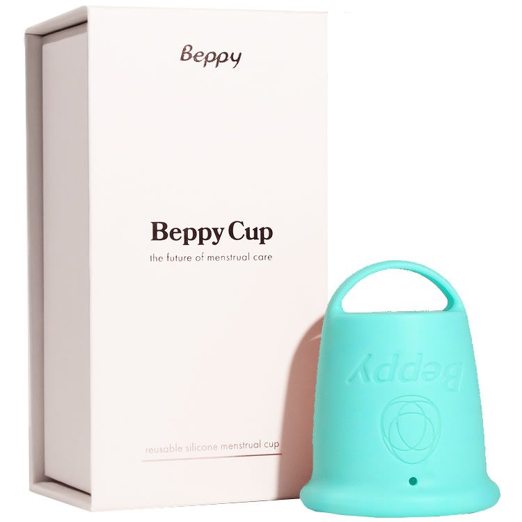 Beppy Cup bleu sarcelle en silicone avec anse et emballage. Coupe menstruelle réutilisable.