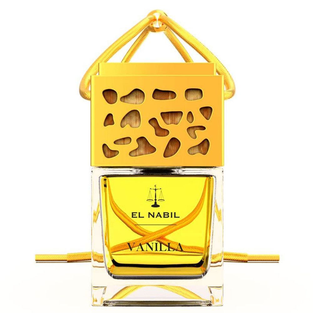 Flacon carré en verre avec liquide jaune. Bouchon jaune ajouré. Inscription : EL NABIL, VANILLA. Suspension dorée.
