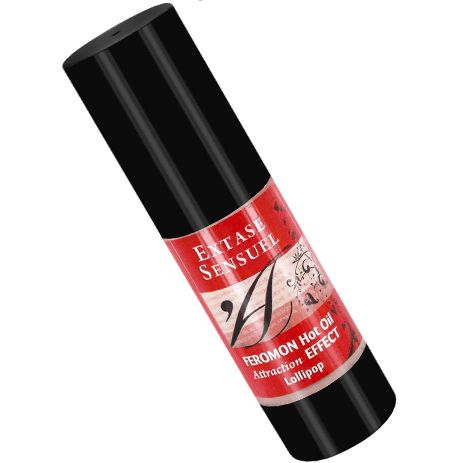 Flacon noir avec étiquette rouge : Extase Sensuel, Feronon Hot Oil, Attraction Effect, Lollipop.