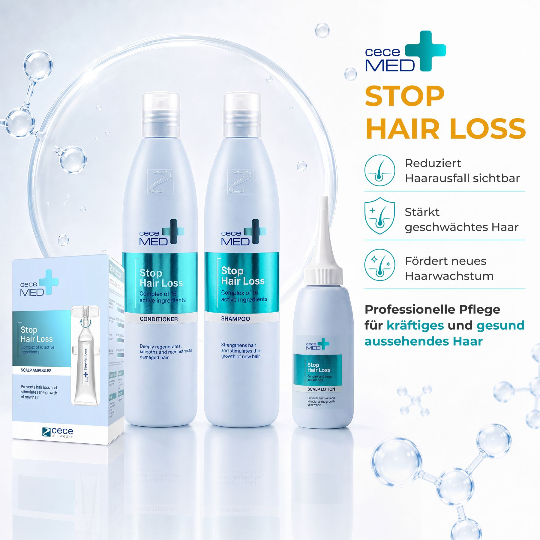 Cece Med Stop Hair Loss : Après-shampoing, shampoing et ampoules pour le soin des cheveux.
