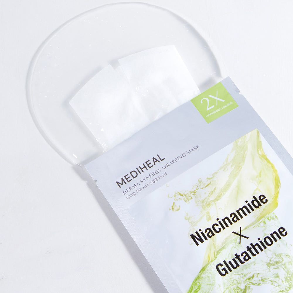 Emballage de MEDIHEAL Derma Synergy Wrapping Tuchmaske. Contient deux masques. Inscription : Niacinamide X Glutathione.