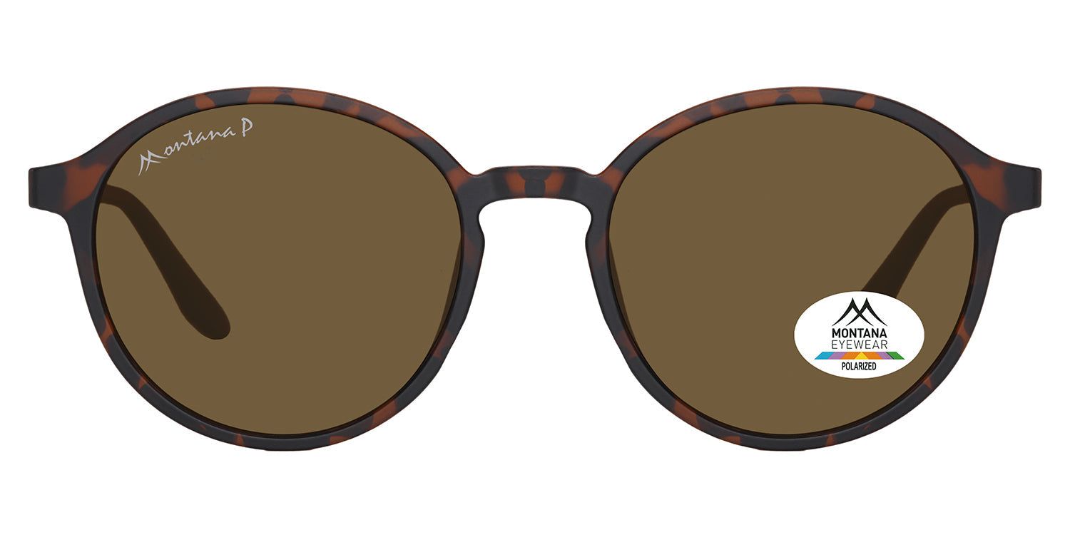 Lunettes de soleil rondes, verres bruns, monture marron. Logo Montana Eyewear sur verre et branche.